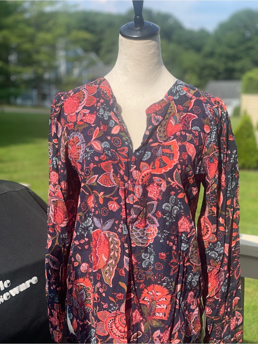 LOFT Navy Blouse with Red and Pink Floral Print